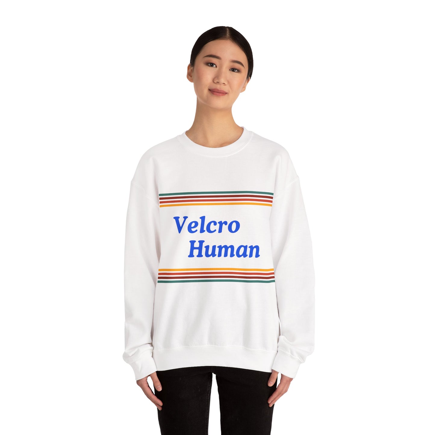 Velcro Human Sweatshirt — Retro Striped Cozy Crewneck