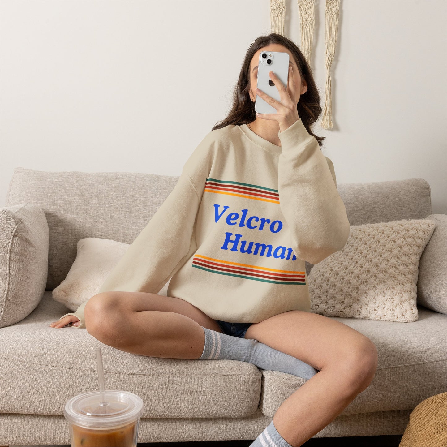 Velcro Human Sweatshirt — Retro Striped Cozy Crewneck
