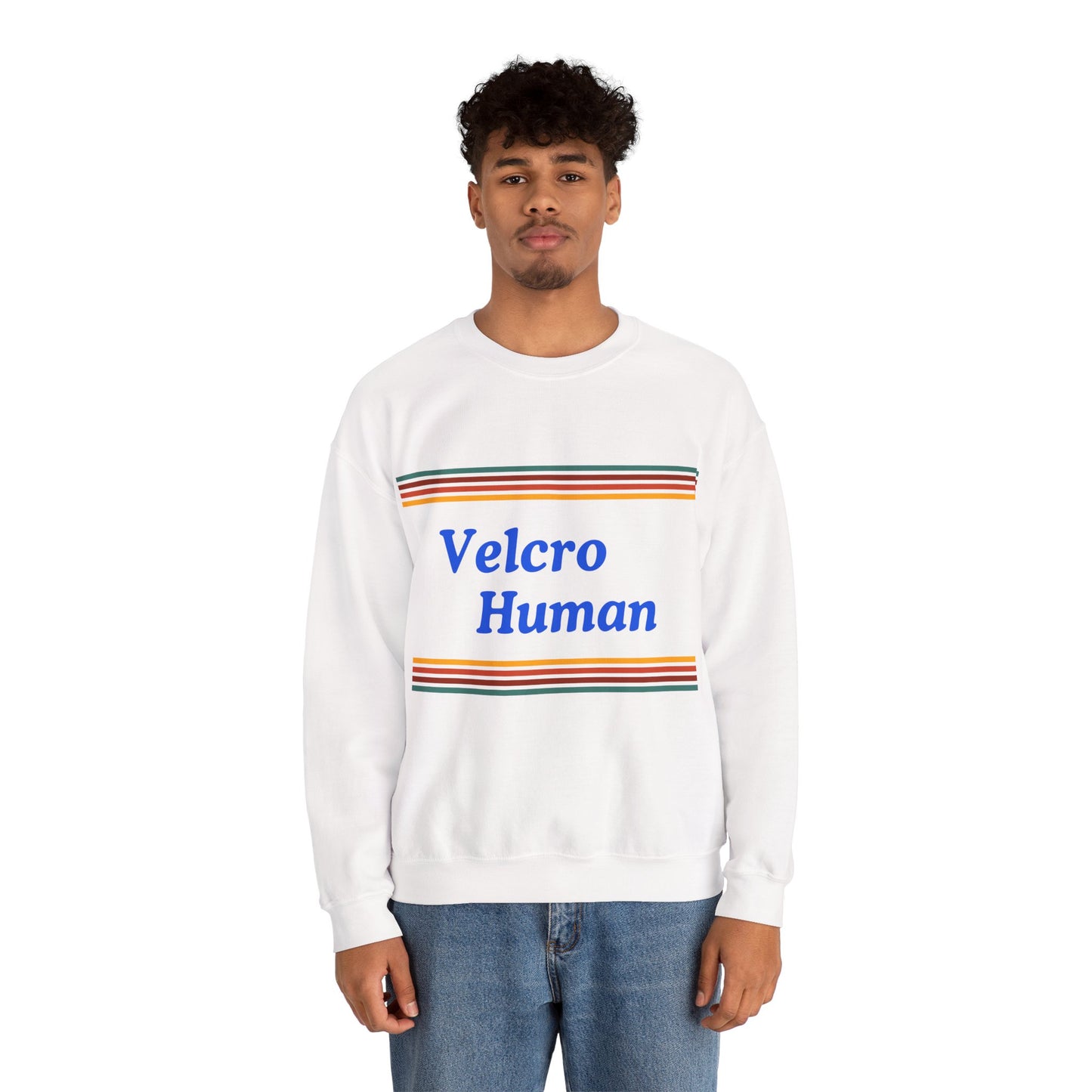 Velcro Human Sweatshirt — Retro Striped Cozy Crewneck