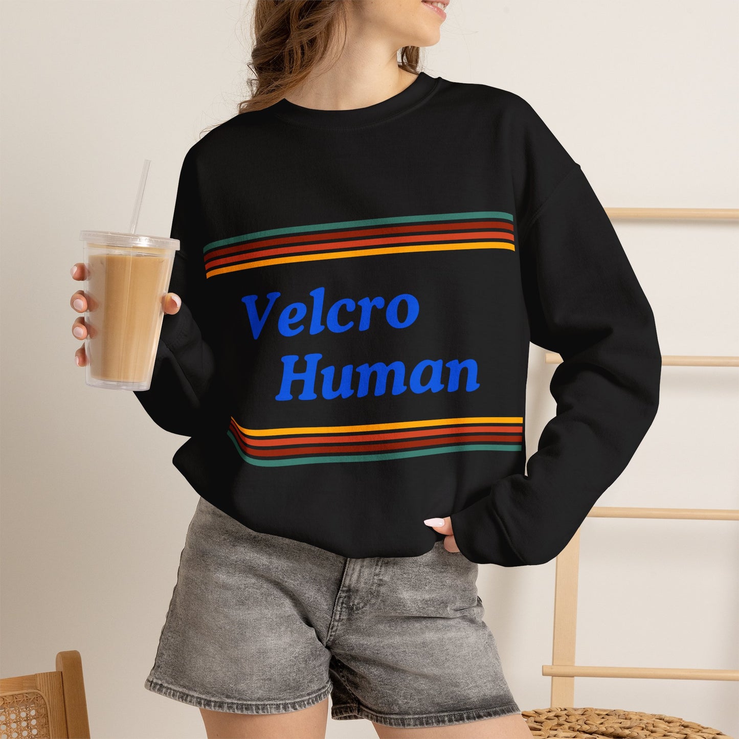 Velcro Human Sweatshirt — Retro Striped Cozy Crewneck