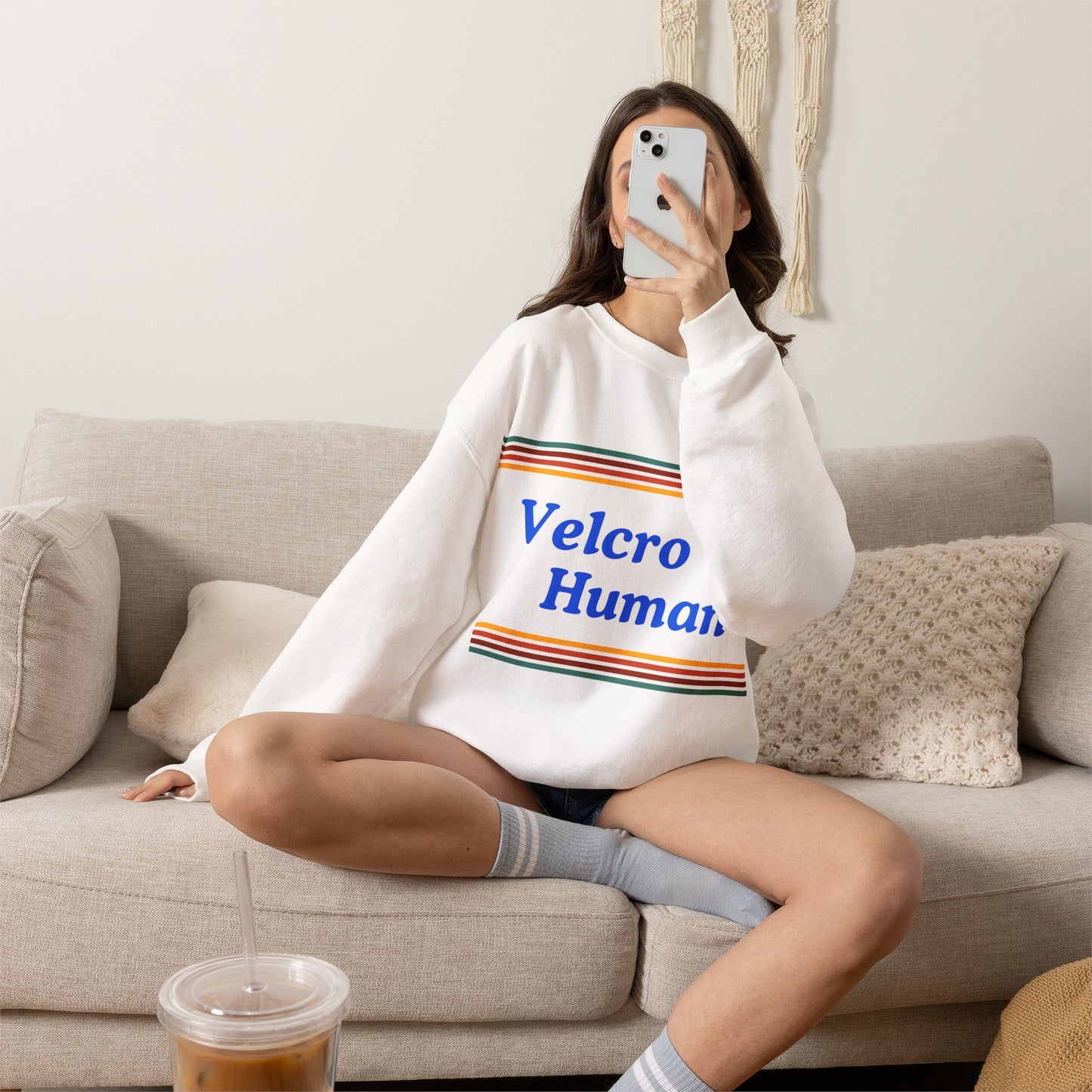 Velcro Human Sweatshirt — Retro Striped Cozy Crewneck