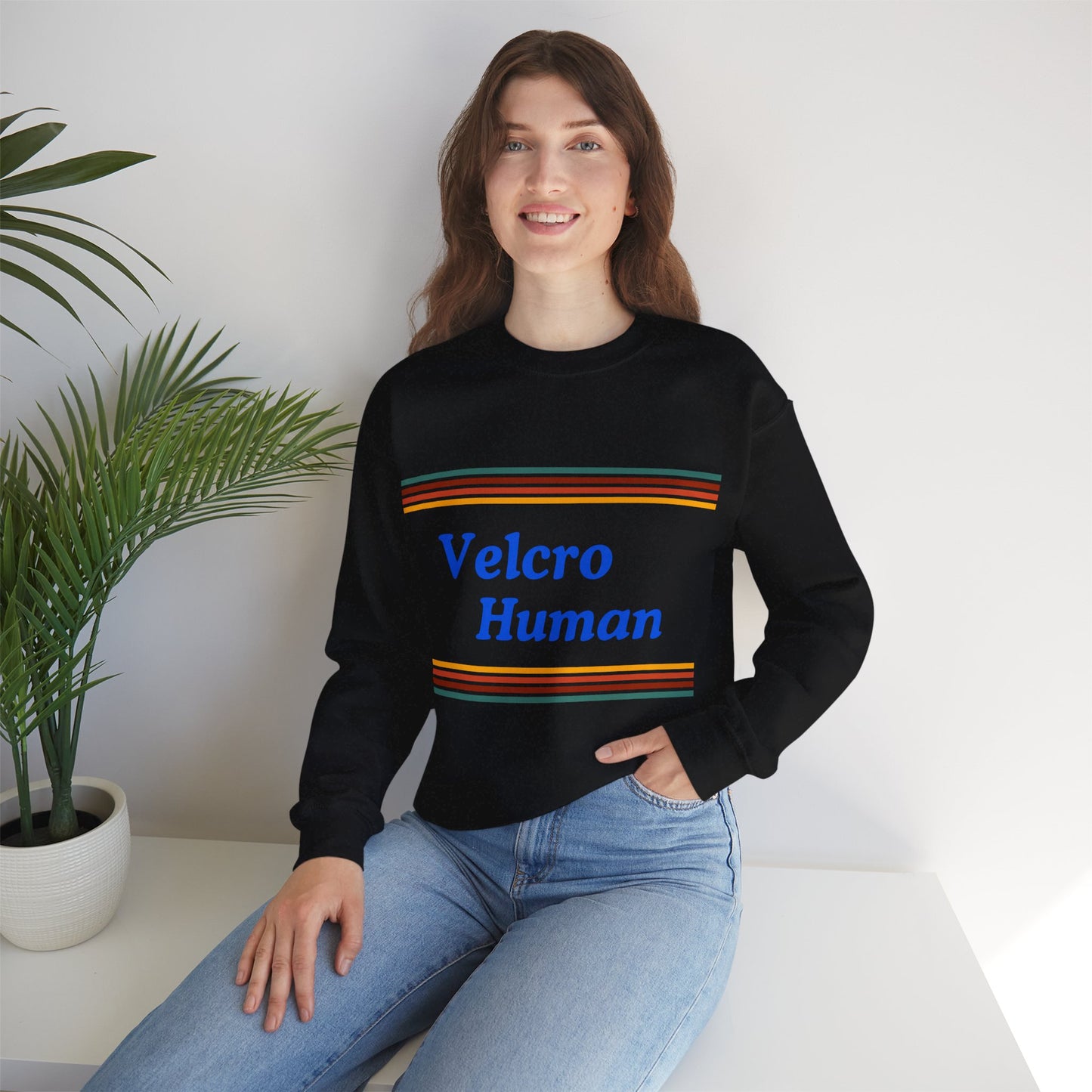 Velcro Human Sweatshirt — Retro Striped Cozy Crewneck
