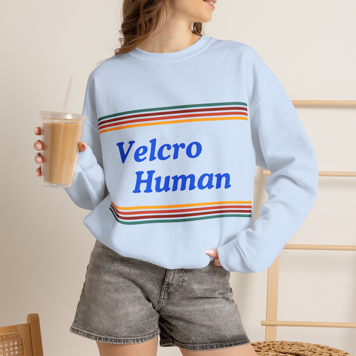 Velcro Human Sweatshirt — Retro Striped Cozy Crewneck