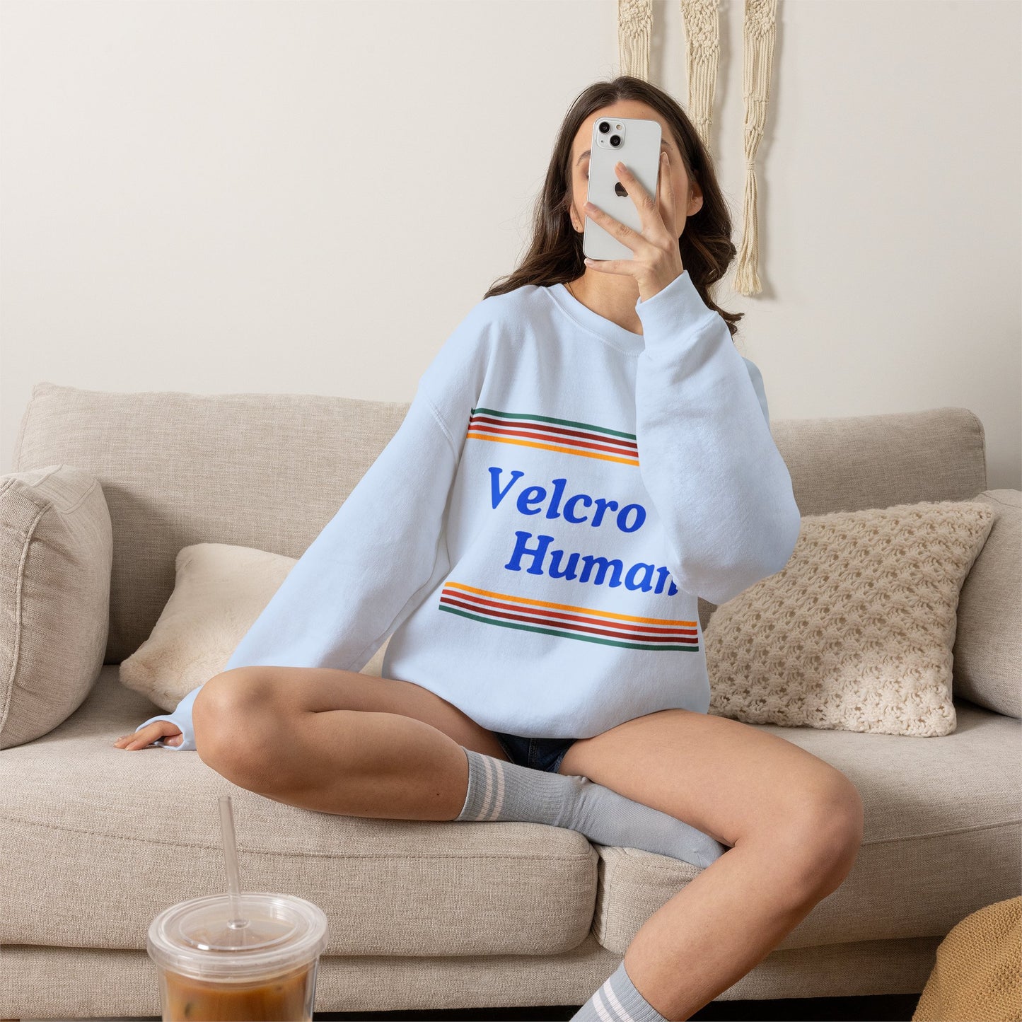 Velcro Human Sweatshirt — Retro Striped Cozy Crewneck
